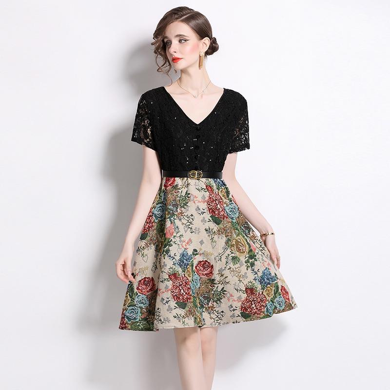 Summer Women V-neck Short Sleeve Vintage Jacquard Flower Lace Patchwork Party Dresses with Belt