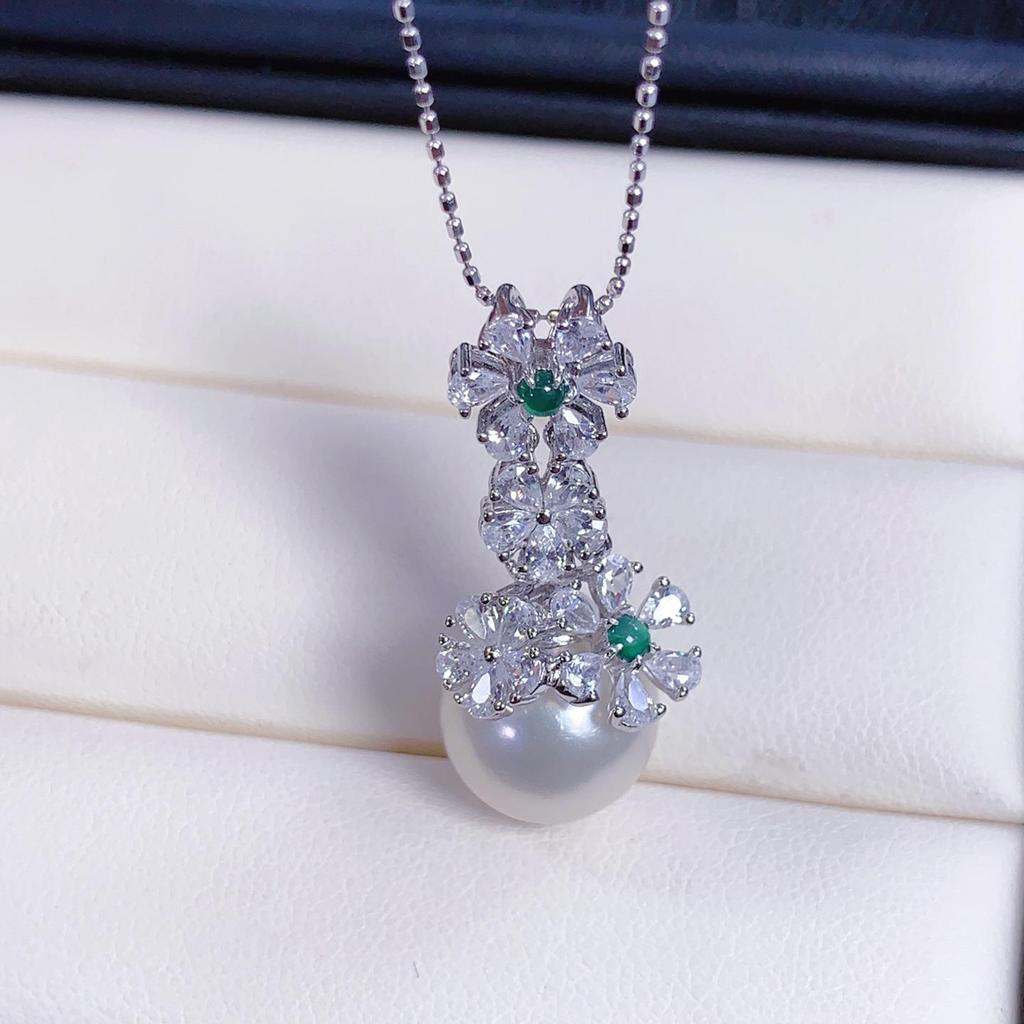 S925 Silver Flower Pendant with Jade and Zircon Inlay Bead 11-12mm