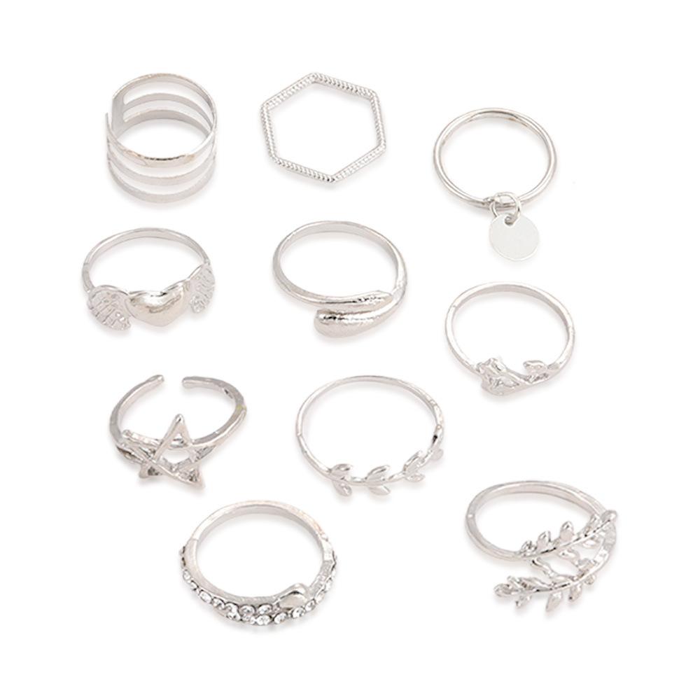 Combination Ring, Fashionable Love Leaf Five-Pointed Star Point Diamond Opening 10-Piece Set Ring Jewelry
