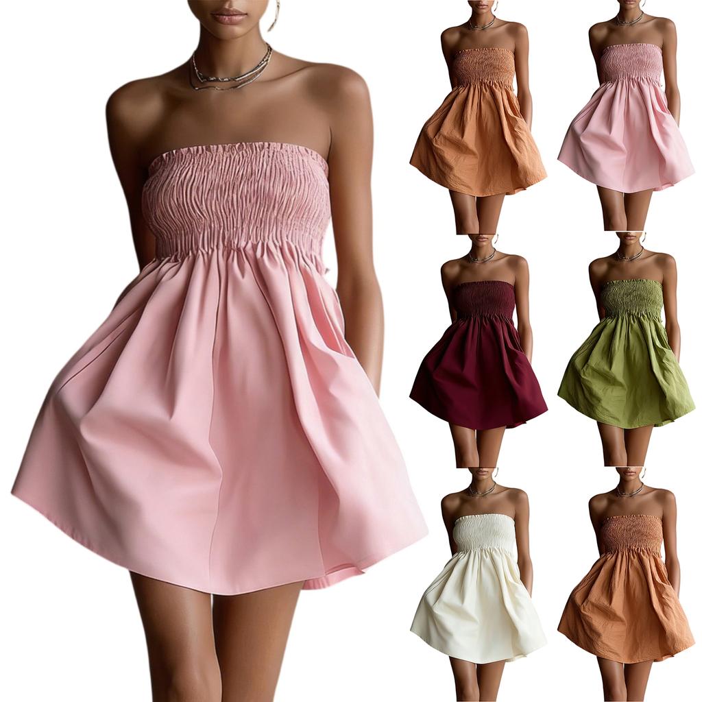 Women Strapless Tube Top Casual Dress Smocked Bodice Flowy Mini Dress Lightweight Solid Simple Sundress for Summer