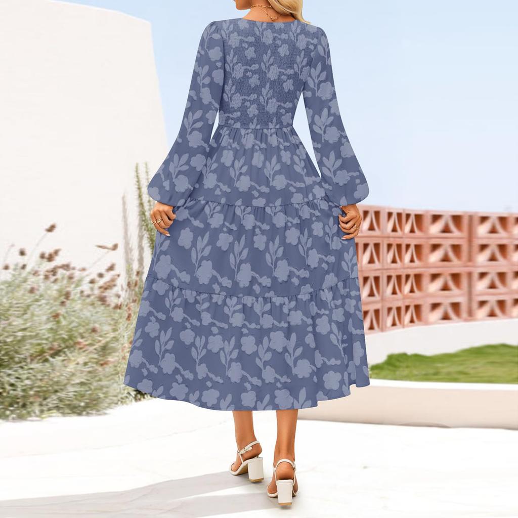 Women's Fashionable Casual Round Neck Long Sleeved Solid Color Dress