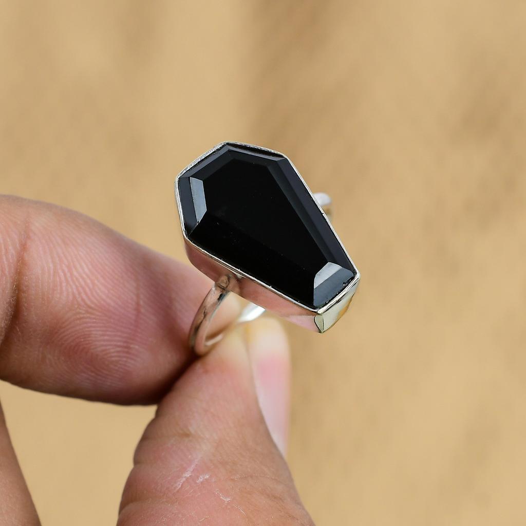 925 Silver Natural Black Onyx Coffin Sister Multi Stone Boho Ring Jewelry Size 8