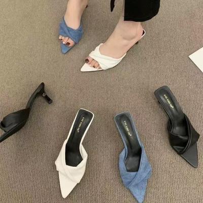 Mode Hlieny Gemütlich Weißes Leder Spitzzehe Designer Niedrige Dünne Absätze Pantoletten Hausschuhe für Frau Schuhe Pumps Damen Slingback Sandale Pantoletten