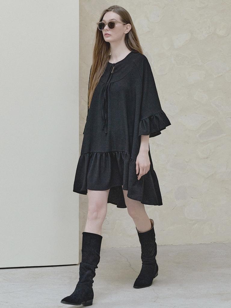 Avang Ethnic Shirring Strap Dress - Black