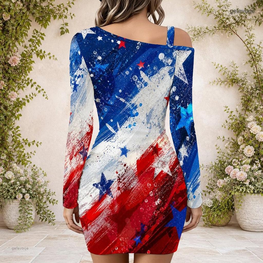 Women Plus Size One Shoulder Strap Long Sleeve Printed Red Blue White Bodycon Mini Dress