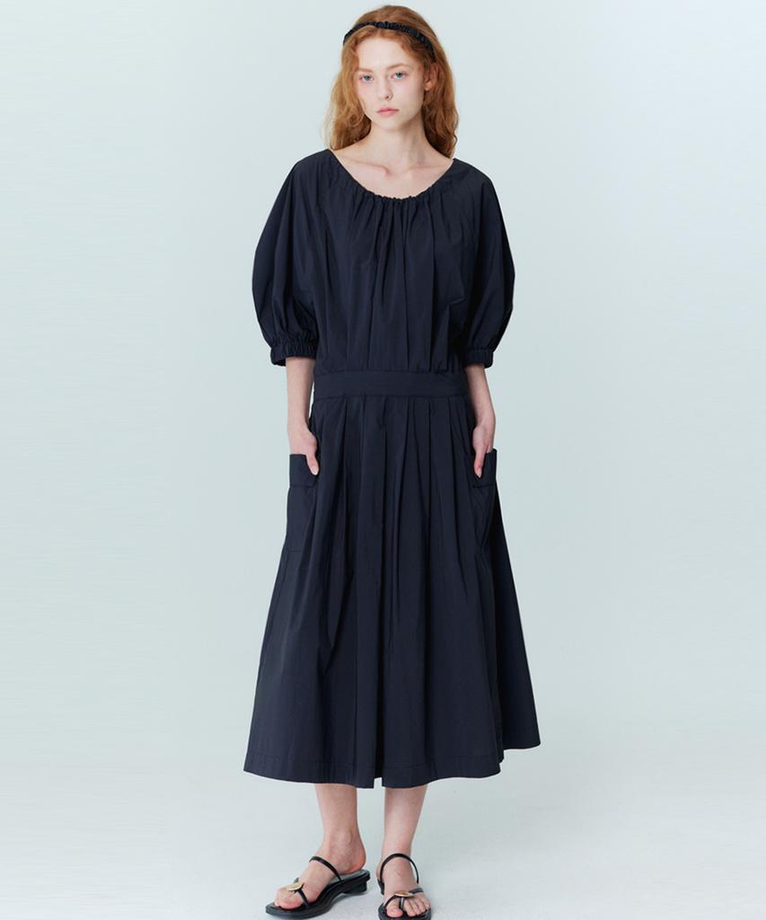 Opening Sunshine Balloon Shirred Pleated Dress Black