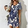 Summer Fashion Women's V Neck Short Sleeve Retro Geometric Pattern Printed  Dress Sex Short Skirt Dresses