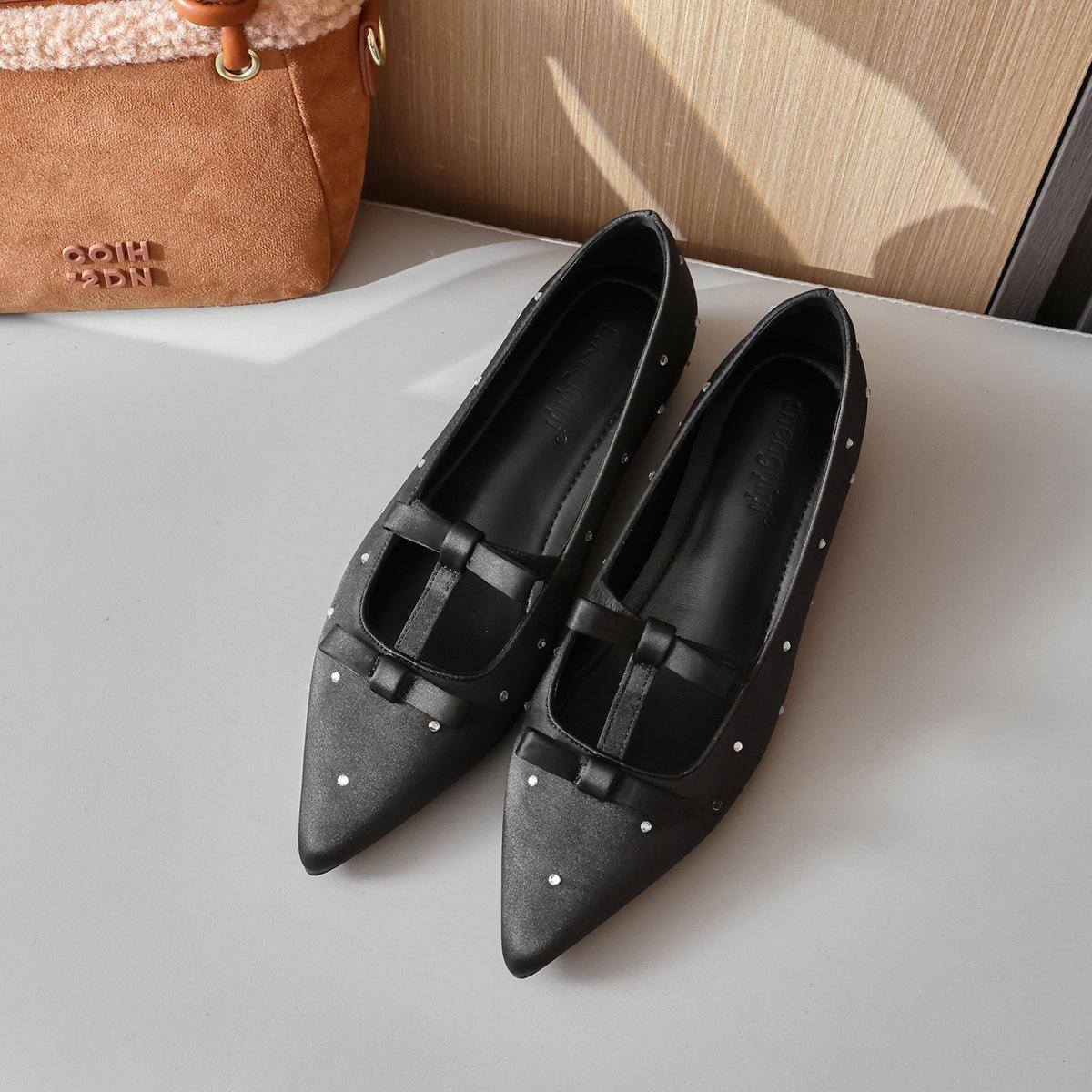 

Fashion Flat Shoes for Women 2025 Spring and Autumn New Silk and Diamond Square Toe Increased Height 5cm Inside Bow Ladies Shoes 34