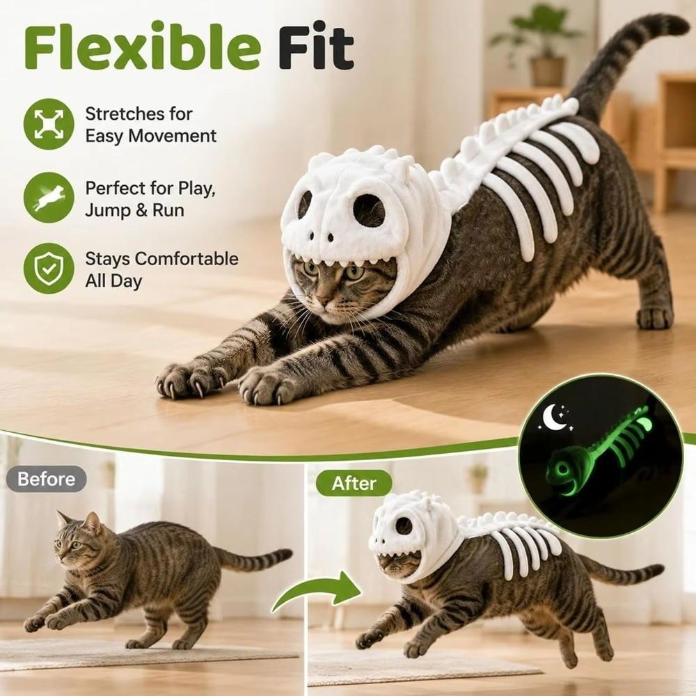 Soft Plush Halloween Cat Skeleton Hoodie Glow in Dark Pet Dino Skull Hooded Costume Cat and Dog