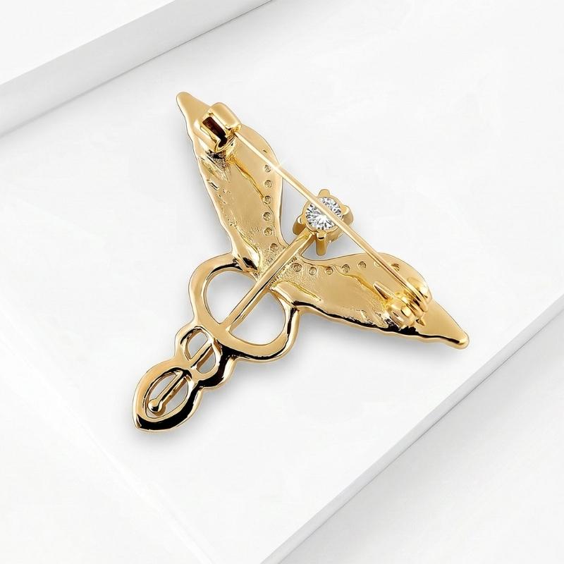 Lapel Brooch Accessory with Clear Stone Caduceus Shape, Copper Pin for Jacket, Scarf and Collar Outfit Wear Styling