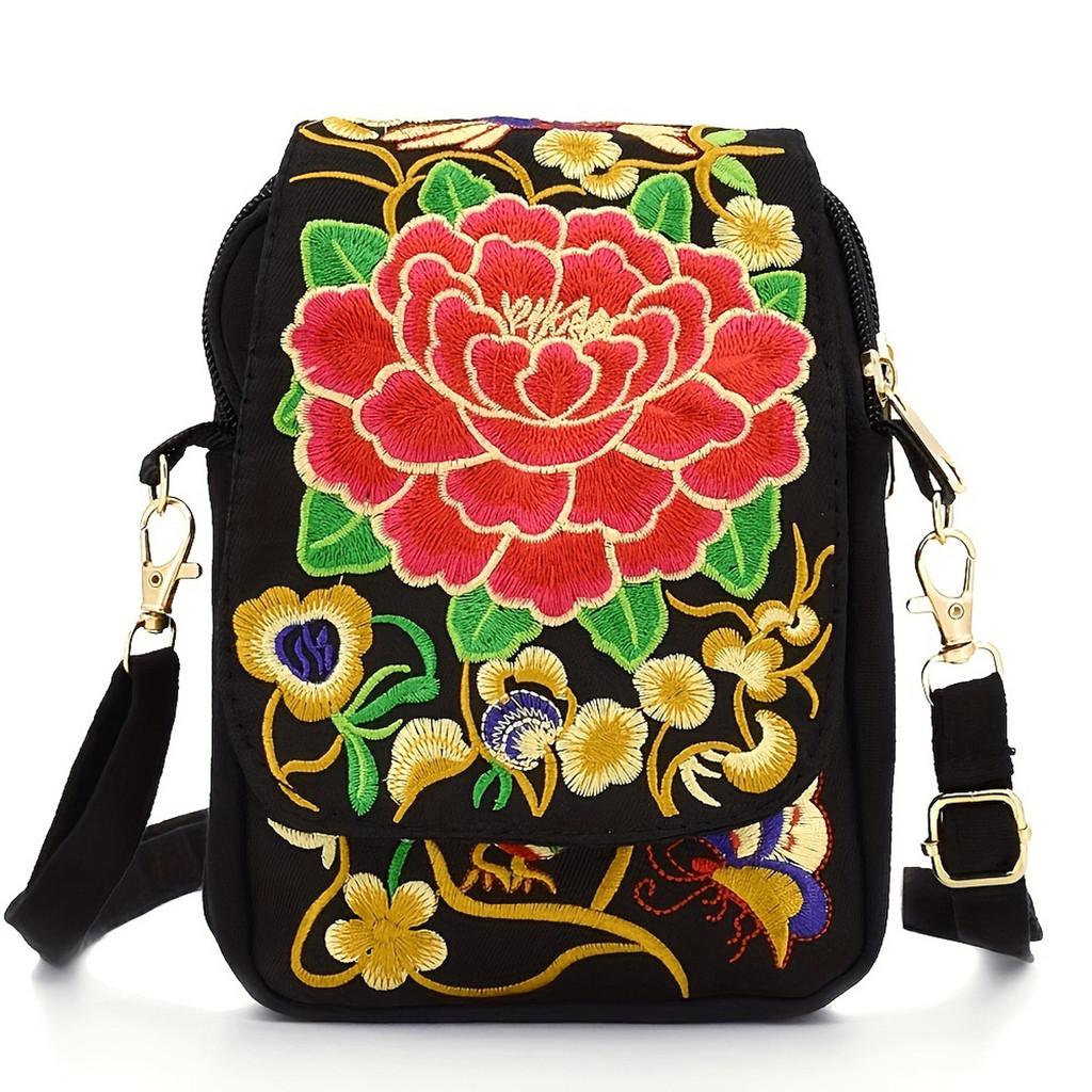 Yunnan Ethnic Embroidered Mini Crossbody Bag With Zipper Pockets For Daily Use