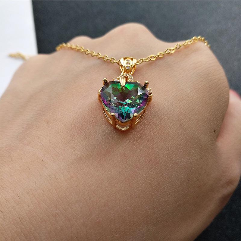 Heart-Shaped Gold Pendant Rainbow Necklace with Imitation Tourmaline - Valentine's Day Gift