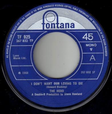 7-Zoll Schallplatte HERD - Ich will nicht, dass unsere Liebe stirbt TF925 Fontana 1968 UK Rock Gebraucht
