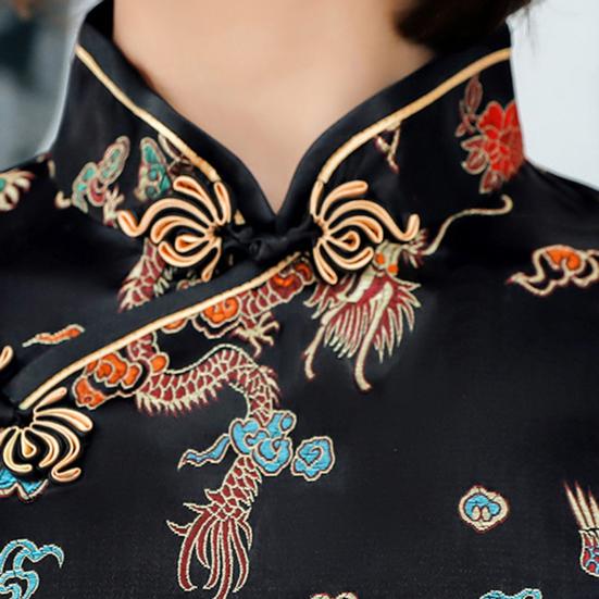 Damen Sommer Cheongsam Stehkragen Drache Phönix Print Geteilter Saum Qipao Slim Fit Retro Chinesischer Stil Über Knie Länge Hochzeit Party Cocktailkleid