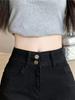 Women's High-Waist Black Double Buckle Denim Shorts - A-Line Petite Summer 2025 Trend