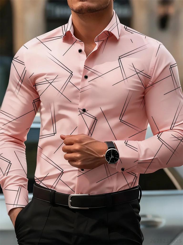 Geometric Line Print Long Sleeve Shirt, Stylish & Versatile