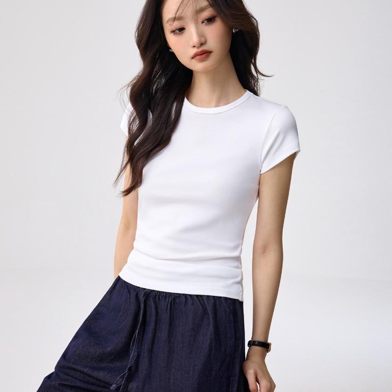 40 Combed Pure Cotton, Small Round Neck Bottoming Shirt T-shirt Women's Short-sleeved Summer New Simple and Versatile Slim and Thin Top