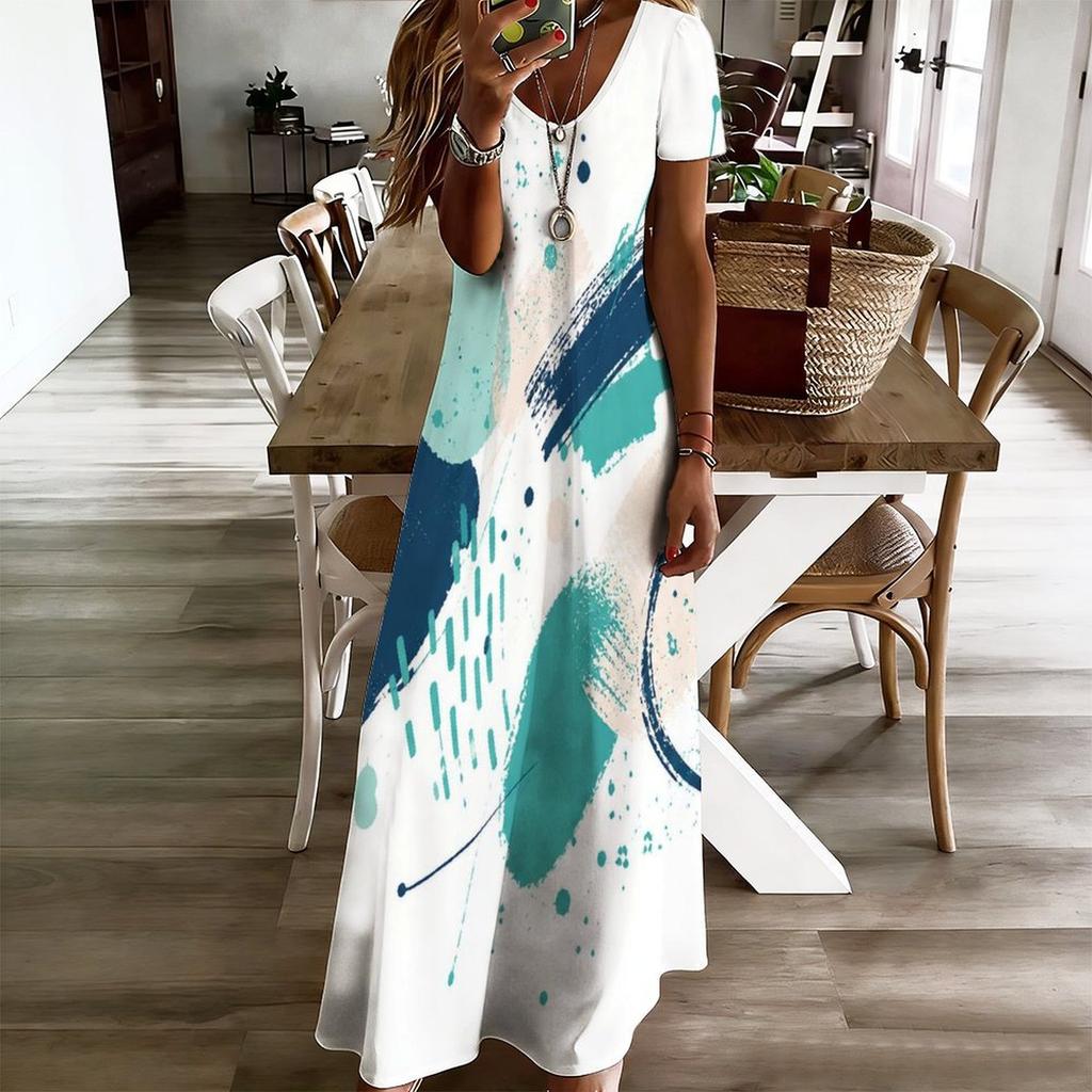 Women Plus Size V Neck Short Sleeve Printed Straight Long Dress