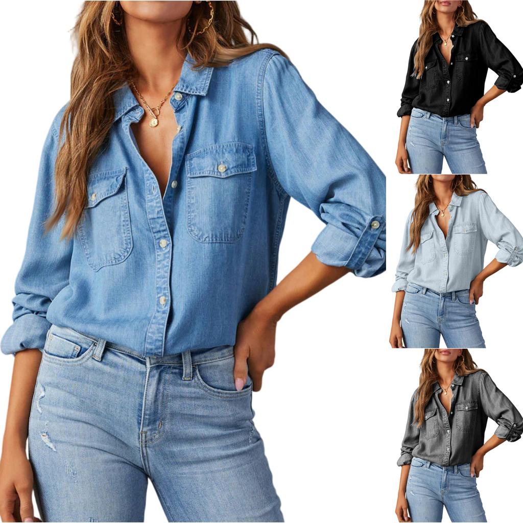 Women's Casual Long-Sleeved Denim Shirt With Pocket