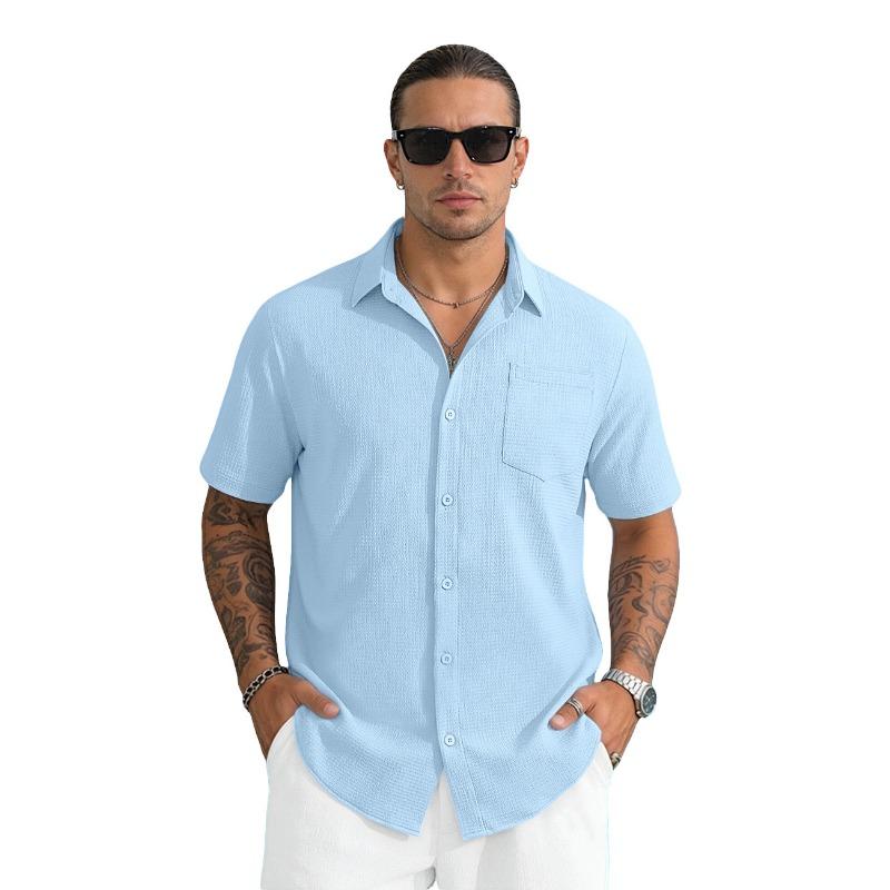 Men's Solid Color Stand Collar Short Sleeve Beach Shirt Loose Casual Cardigan.