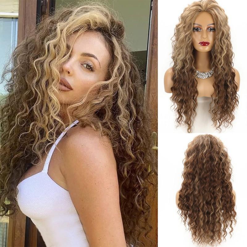 European American Wigs Women African Small Curl Long Chemical Fiber Headgear Gray Gold Partial Wig