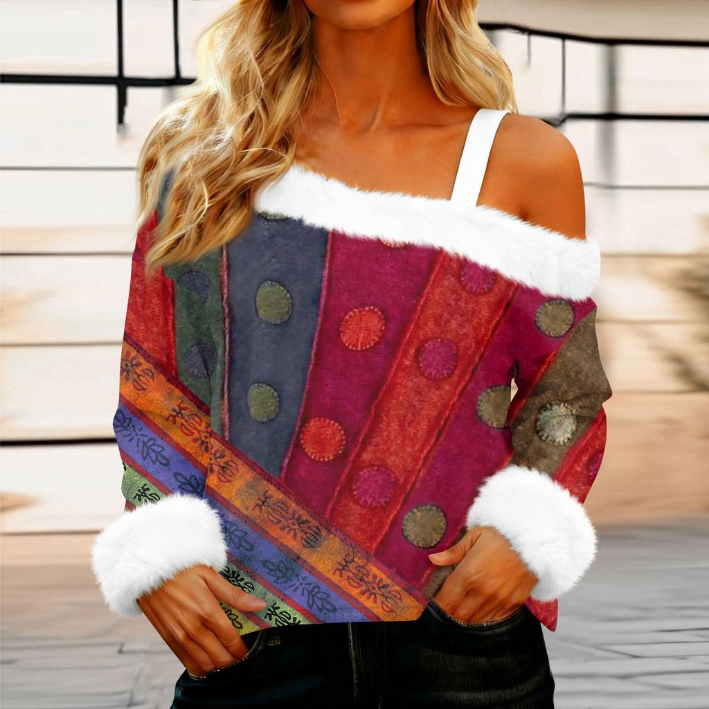 Women's Off-the-shoulder Plush Neck Printed Long-sleeved Pullover T-shirt Top