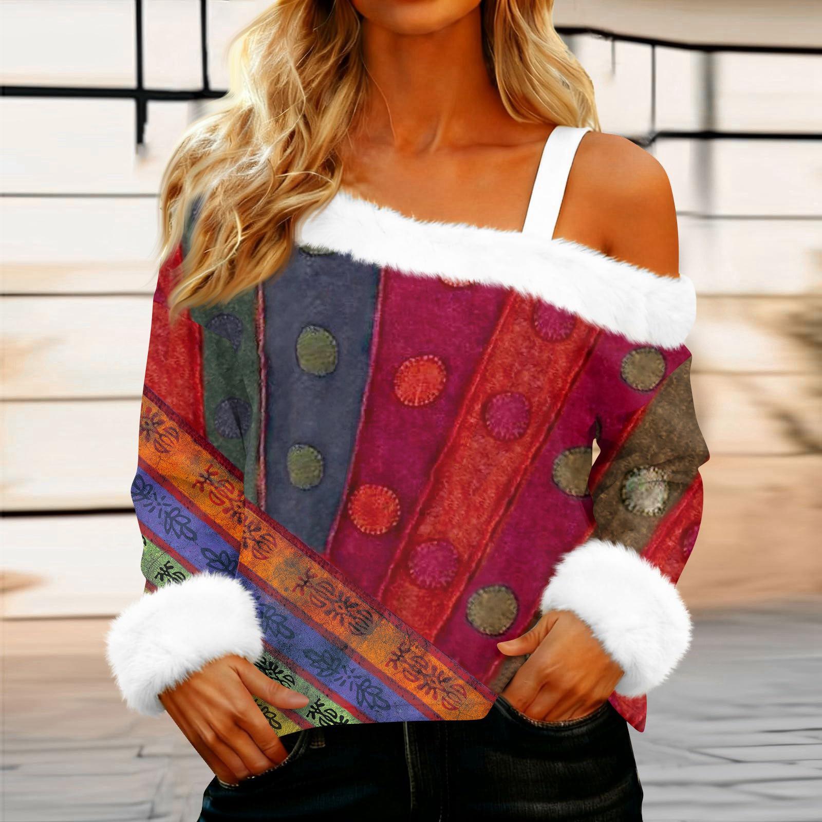 

Женский пуловер с открытыми плечами, плюшевым воротником, принтом, длинными рукавами M