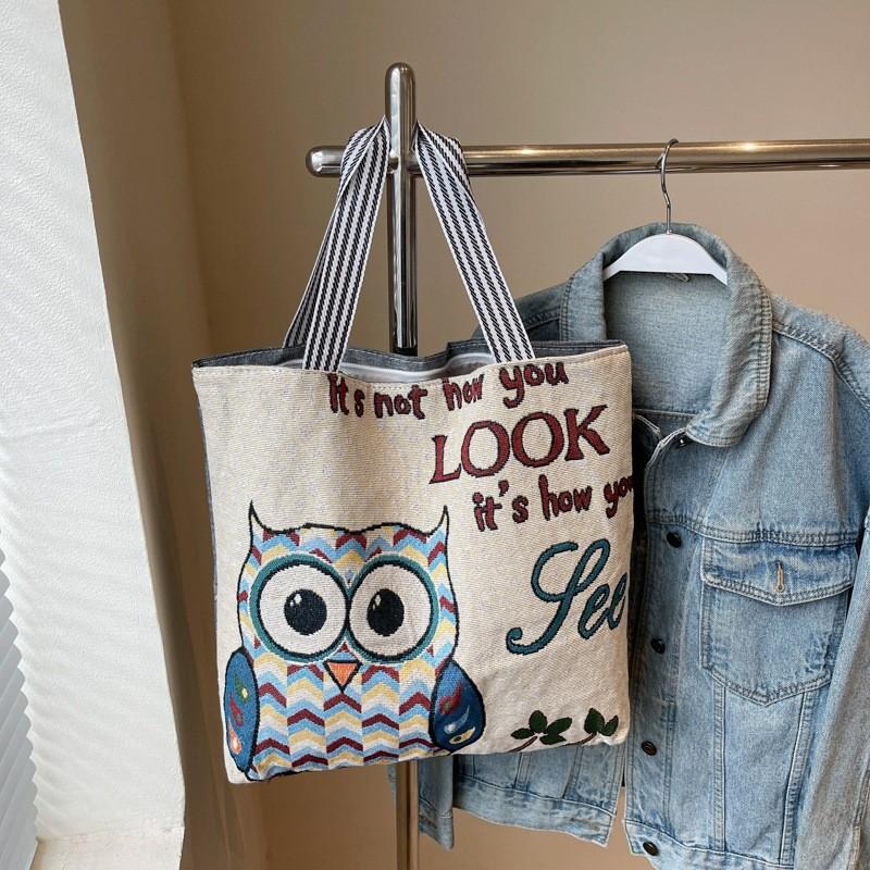 Embroidered Owl Bag With Canvas Material For Casual Daily Use