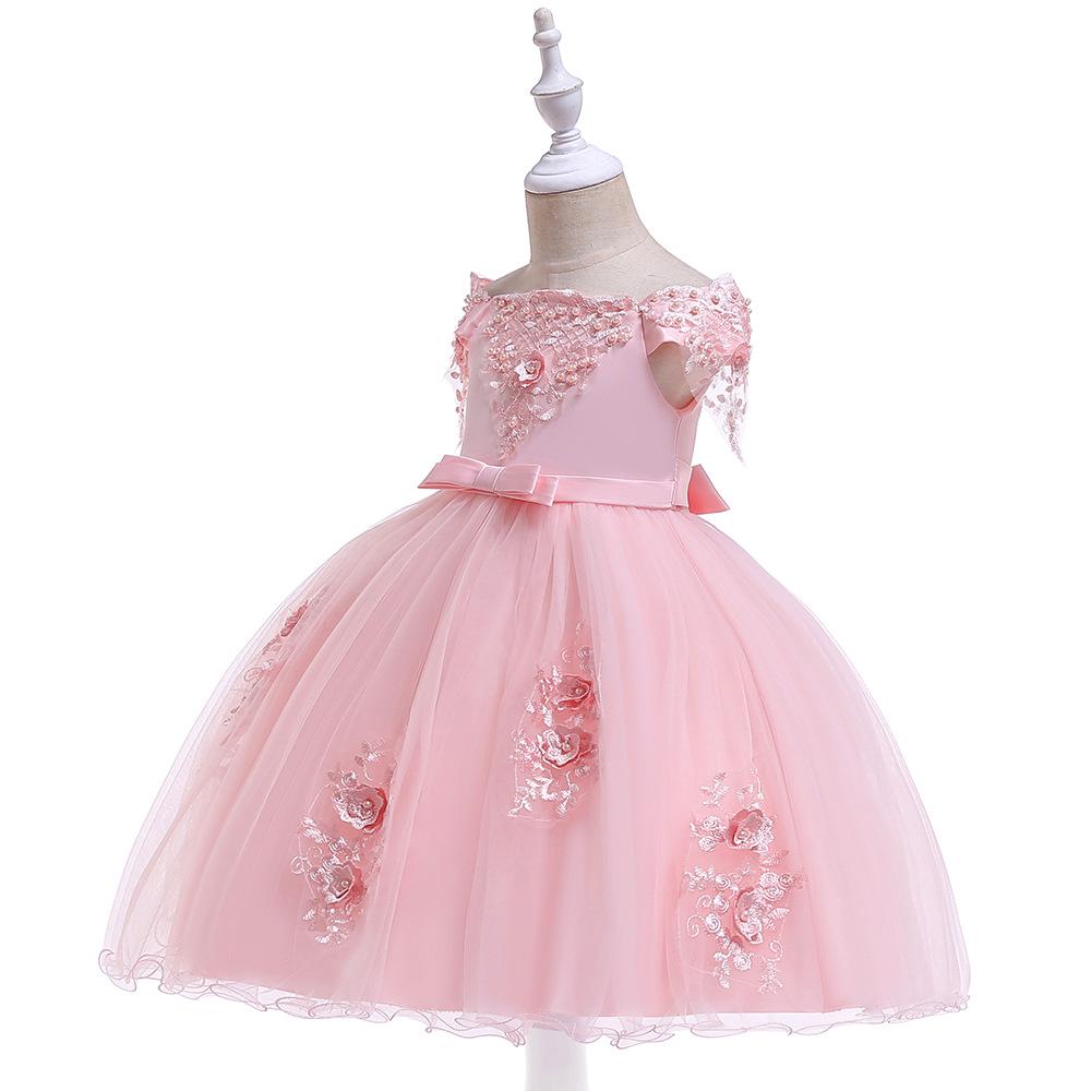 2024 One-Shoulder Puffy Princess Dress with Mesh Embroidery and Pearls for Girls