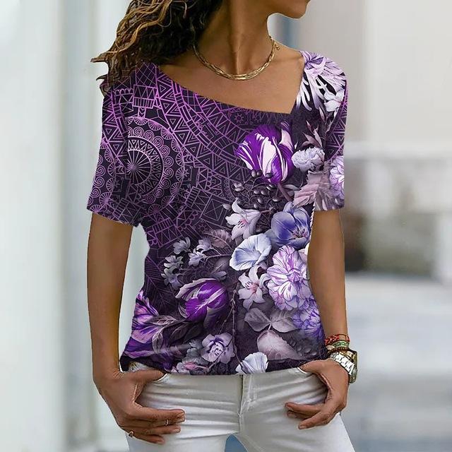 Trendy 3D T-shirt Flower Women's Slant Neck T-shirt Short Sleeve T-shirt