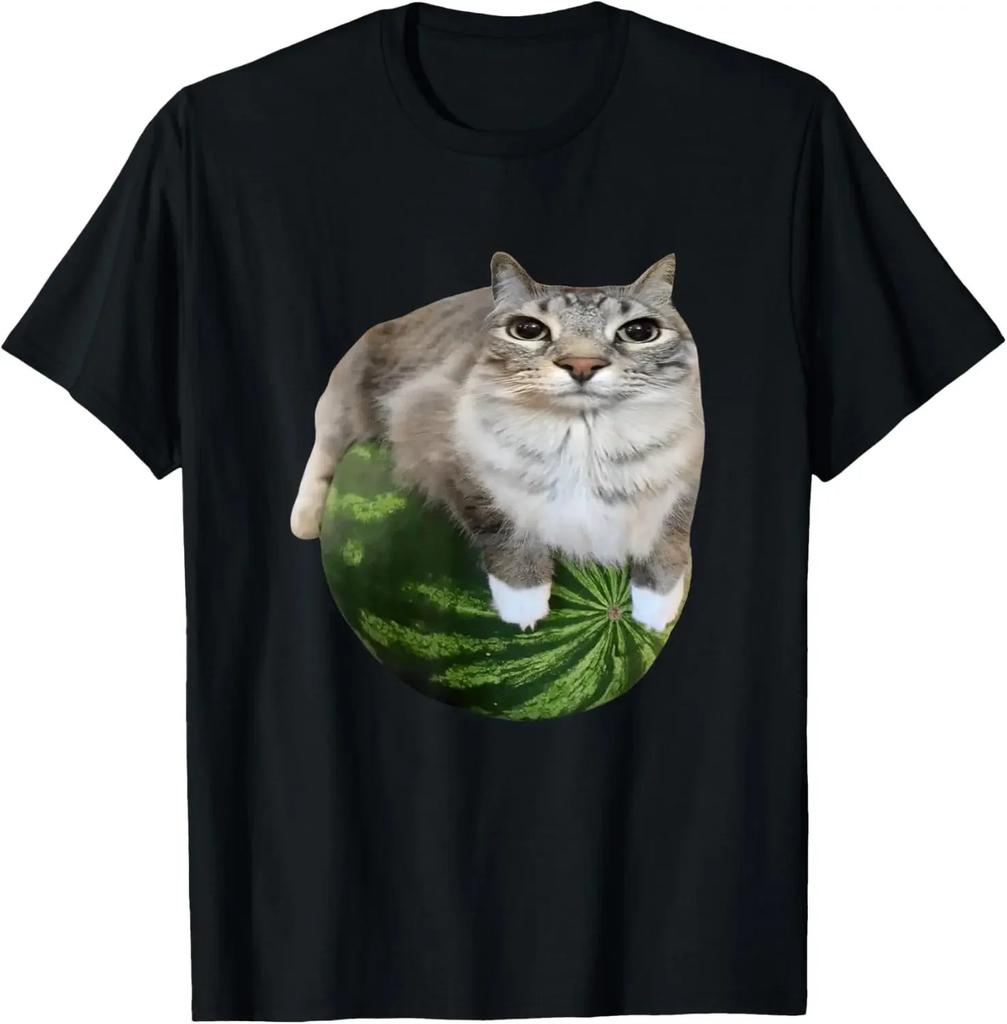 Watermelon Cat Stupid Cute Cat Emoji Funny Watermelon Cotton Printed Summer Unisexs and Womens New Fashion Short Sleeves