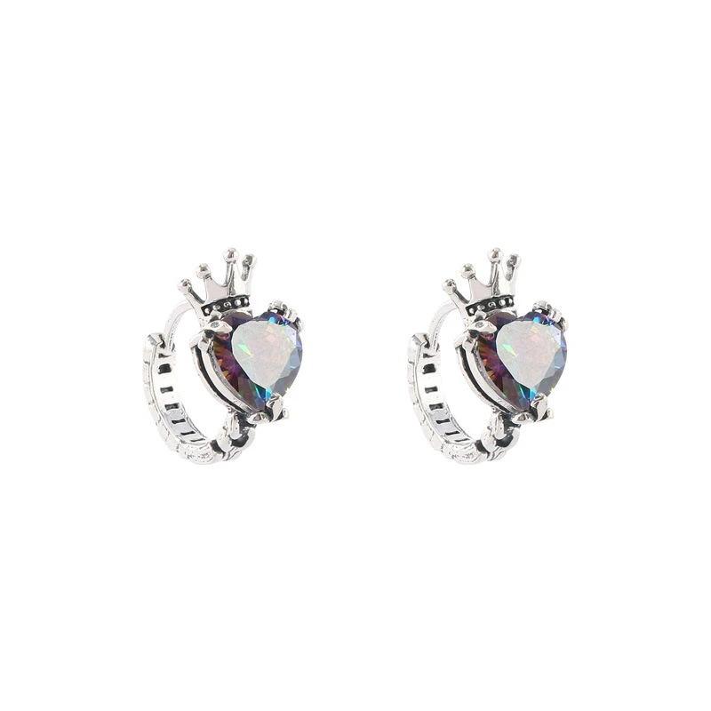 Love Heart Stone Rainbow Zircon Crown Hoop Earrings For Women Vintage Silver Color Small Ear Buckle Wedding Jewelry Party Gifts