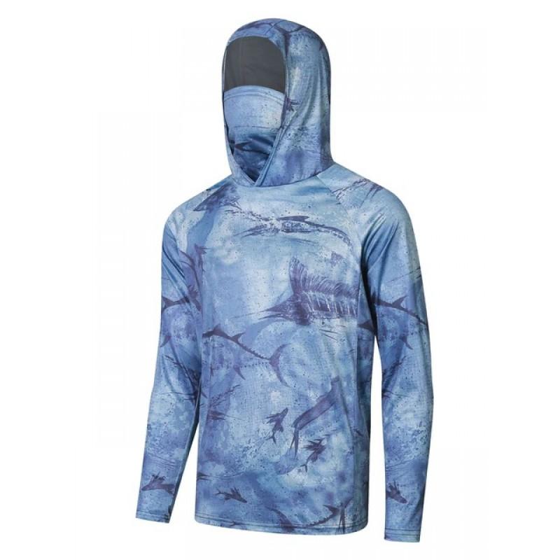 Camicia da Pesca da Uomo UPF 50 a Maniche Lunghe con Cappuccio Copri-Viso Asciugatura Rapida Traspirante Protezione Solare Pesca all'Aperto