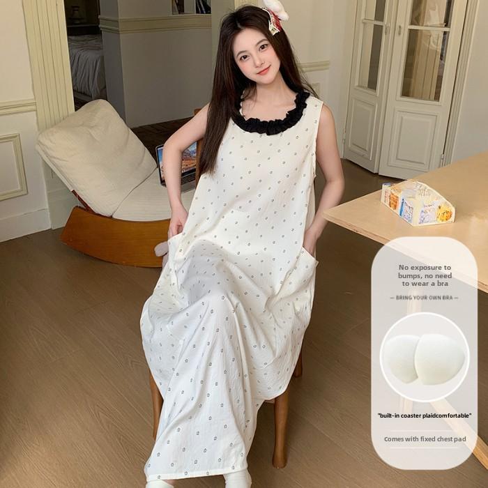 

2025 летняя клетчатая повседневная свободная ночная рубашка с нагрудной подкладкой большого размера, женская ночная рубашка с карманом и круглым вырезом, домашняя одежда XXL