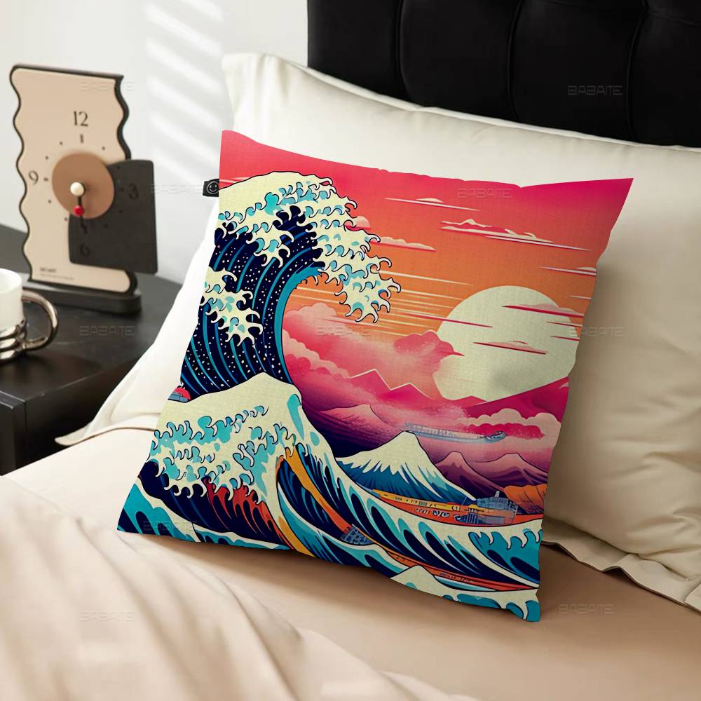 The Great Wave Off Kanagawa Art Pillow Covers Cartoon Sofa Decorative Home Double-sided Printing Short Plush Cute Cushion Cover