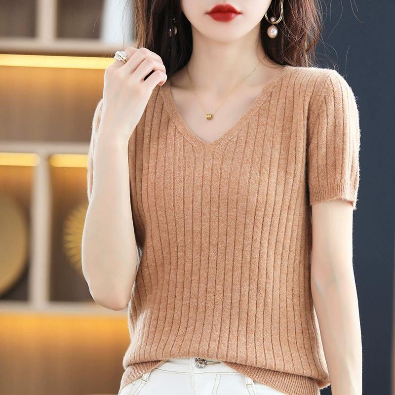 Spring and Summer V-neck Drawstring Short Sleeved Knitted Sweater for Women, Slim Fit and Slimming, Half Sleeved Top with A Base Layer