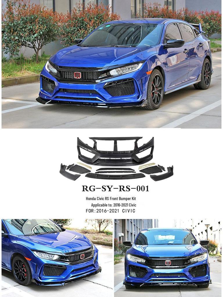 Civic RS Models (16-21) Track Wide Body Kit: FC450 Front Lip, Rear Spoiler, Rear Diffuser, Side Skirts, Roof Spoiler.
