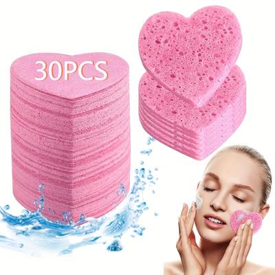 30PCS Heart-Shaped Compressed Face Wash Puff Reusable Sponge Facial Cleansing Massage Pores Exfoliation Makeup Cleaning Pads