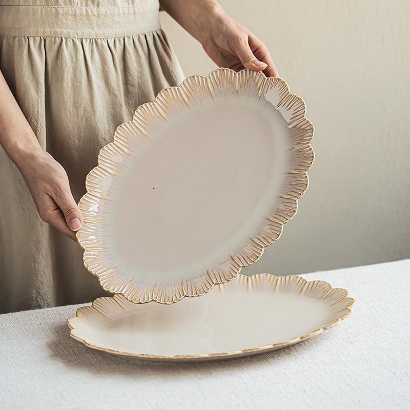 Premium Retro Ceramic Large Plate Tableware Lace-Shaped Hotel Vegetable Plate Exquisite Gold Relief Home Steamed Fish Plate