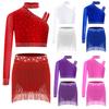 Girls Irregular Shoulder Crop Top Sparkly Rhinestone Fringe Bottoms Dance Performance Set