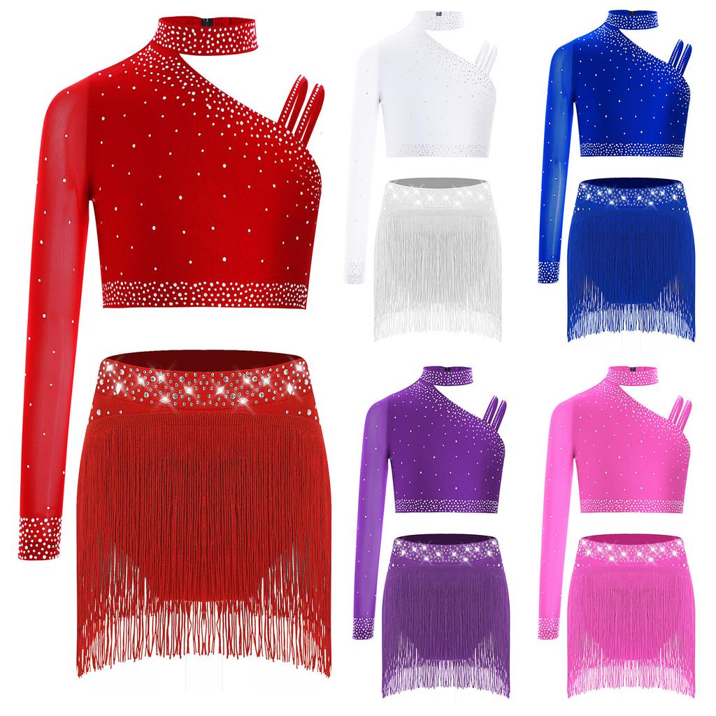 Top Cropped de Ombro Assimétrico para Meninas com Franjas de Strass Brilhantes Conjunto para Performance de Dança