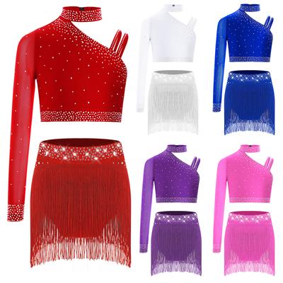 Top Cropped de Ombro Assimétrico para Meninas com Franjas de Strass Brilhantes Conjunto para Performance de Dança