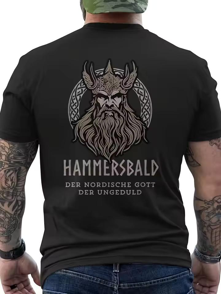 Hammersbald Unisex Viking Style T-Shirt Nordic Style German Letters and Geometric Viking Pattern Men Women All-Season