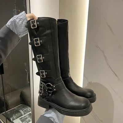 Stivali Moda Donna Al Ginocchio con Plateau Eleganti Tacco Basso Trend Punk Gotico New Rock Pelle Scarpe da Donna alla Moda Calzature da Moto