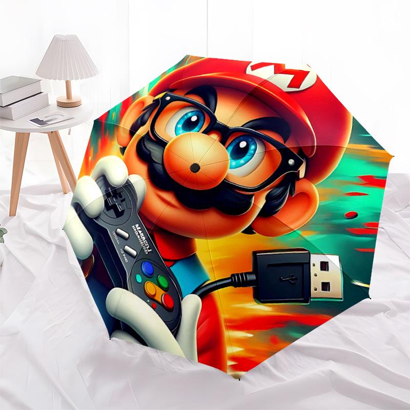 1pc Mario Gamer Superhero Automatic Folding Umbrella - Compact 8-Rib Design, Durable Plastic & Iron, Lightweight for Outdoor Daily Use,  a0929195