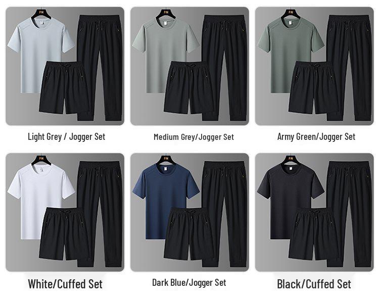 Completo estivo da uomo in seta ghiaccio a tre pezzi: T-shirt Girocollo, Pantaloncini e Pantaloni Lunghi Tuta Sportiva Casual