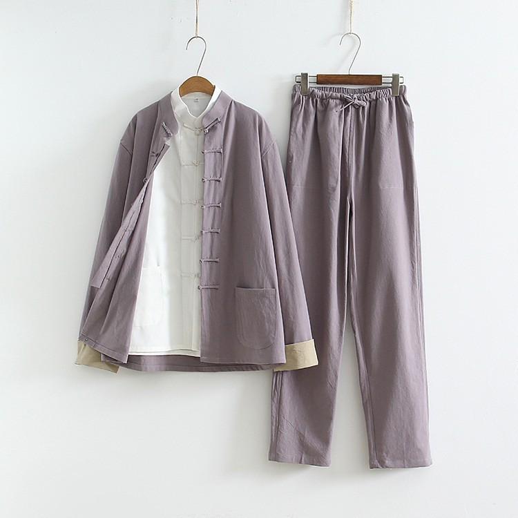 Herren Chinesischer Tang-Anzug: Frühlings-/Herbst-Baumwoll-Leinen-Set mit Froschknöpfen - Retro Mönch Teezeremonie Hanfu Robe.