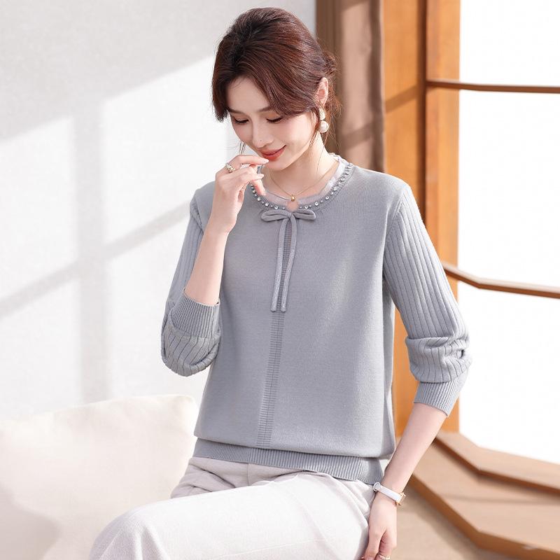 

Chiffon-Splice Knit Top: Chic & Stylish Spring/Autumn Wear for Middle-Aged and Elderly Women. Size 110 (90-110 Jin) серый/синий
