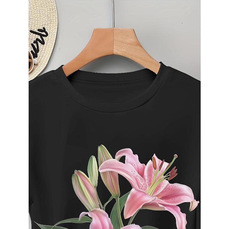 European sizes Women's T-Shirt with Elegant Floral Print - Black Casual Short Sleeve Top Featuring Pink Lilies & Green Leaves