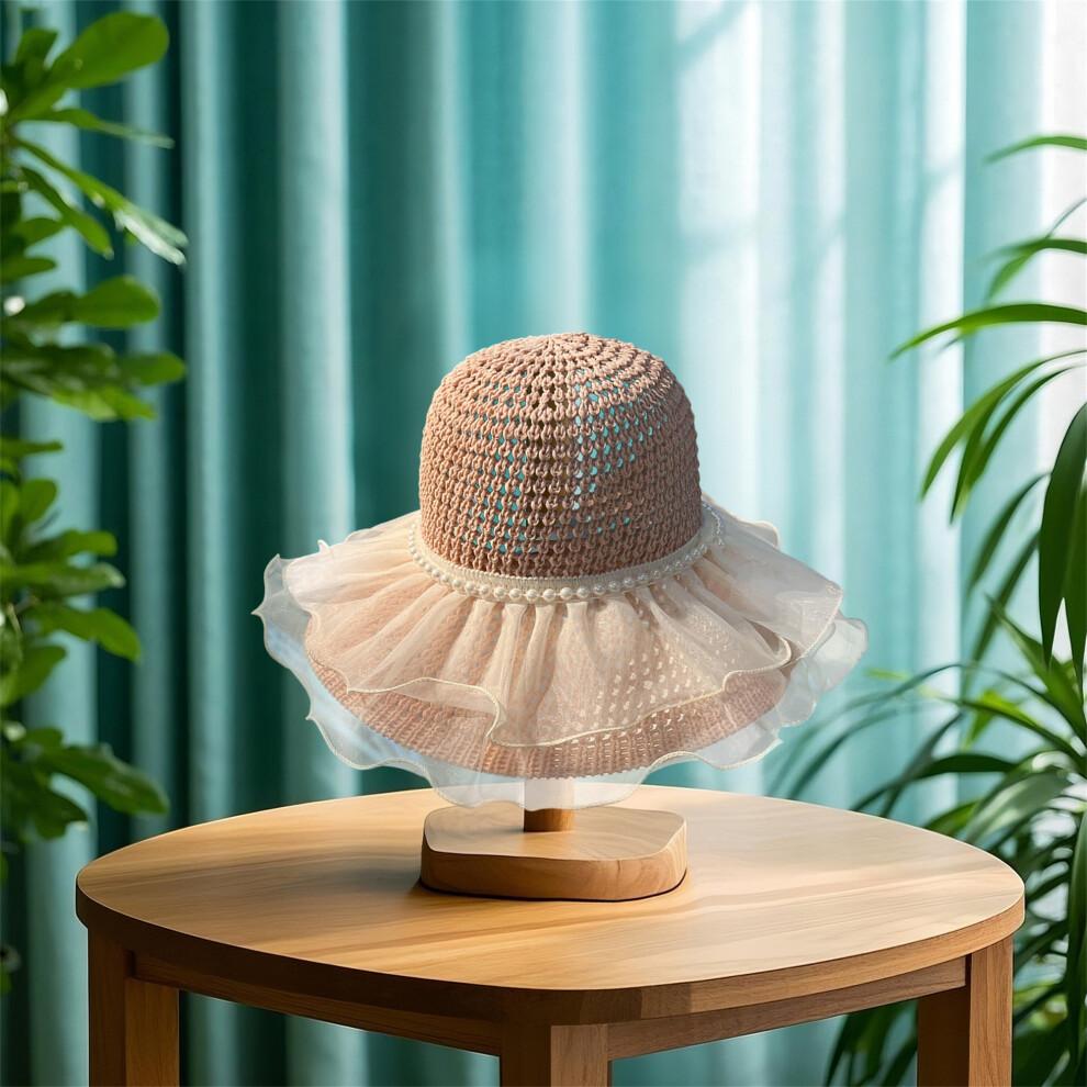 (One Size, Pink) Women's Woven Sun Hats Outdoor Fashionable Mesh Pearl Wide Brim Sun Protection Beach Hat